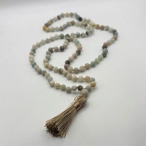 Amazonite Beaded Tassel Necklace - Multi Green & Tan Meditation Necklace Yoga